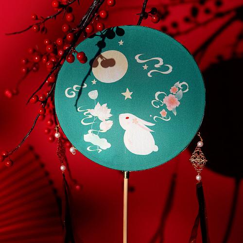 中国国风带灯双面团扇中秋节端午复古圆形灯笼灯笼