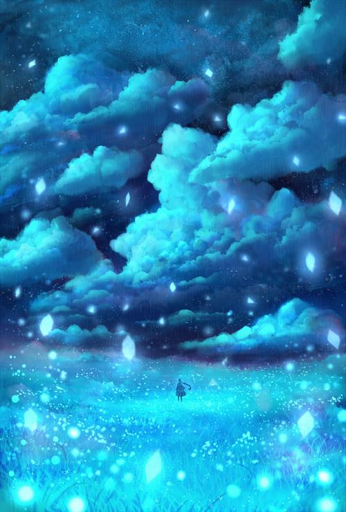 人物 广袤 天空 夜晚 草原 光斑 意境 插画 手绘 壁纸 二次元 蓝色系