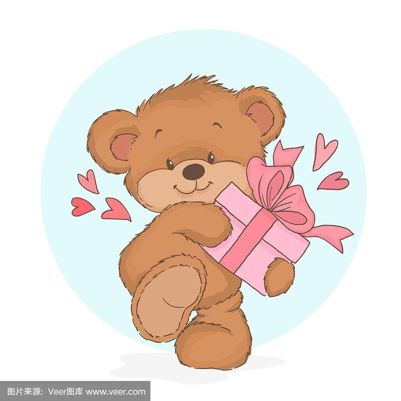 可爱的泰迪熊抱着漂亮的礼物