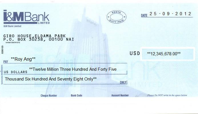 printed cheque of i&m bank (usd) in kenya