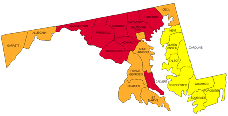 graphic of a state of maryland map with the incidence rates of