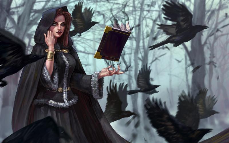 fantasy girl, witch, book, crow