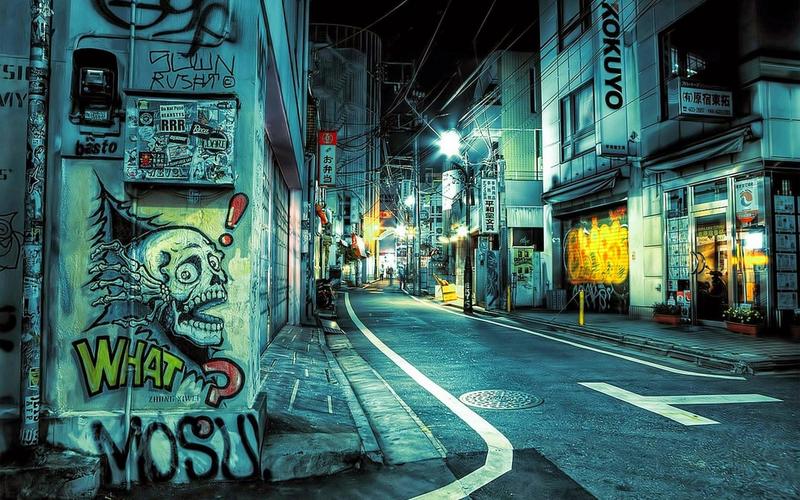 night,skull,graffiti,alleyway,city,壁纸,高清壁纸艺术&设计