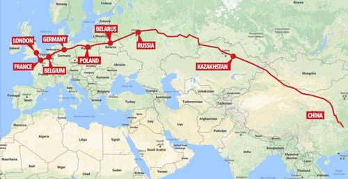 中国到英国的火车从北京开往伦敦载满了数百万的socks短袜中欧铁路