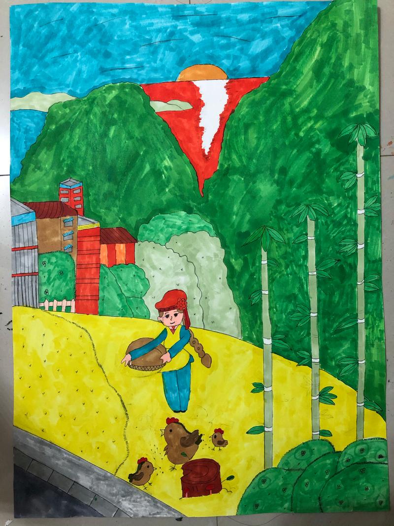 四年级学生画的这幅画《我的家乡》应该得多少分?