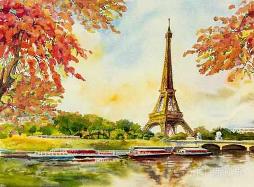 巴黎欧洲城市景观法国埃菲尔铁塔著名以浪漫的塞纳河景色在秋天水彩画