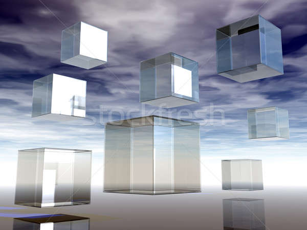 商业照片: 玻璃 · 立方体 · 天空 · 3d图 ·云