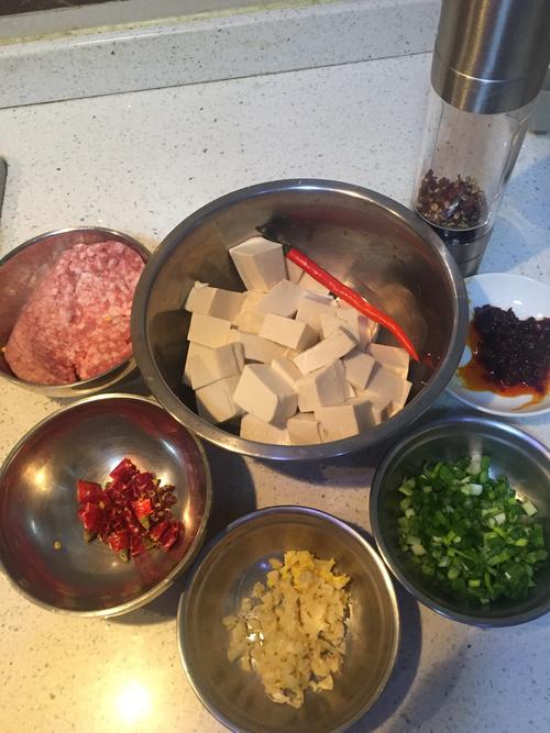 做麻婆豆腐,首先要准备些材料:豆腐,肉末,豆瓣,辣椒,还有葱姜蒜.