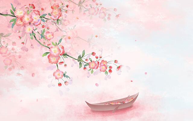 水彩花插画手绘古风花卉和船背景粉色花朵植物花枝桃花船只