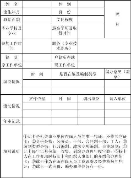 白水县党政群机关事业单位在岗人员编制管理卡