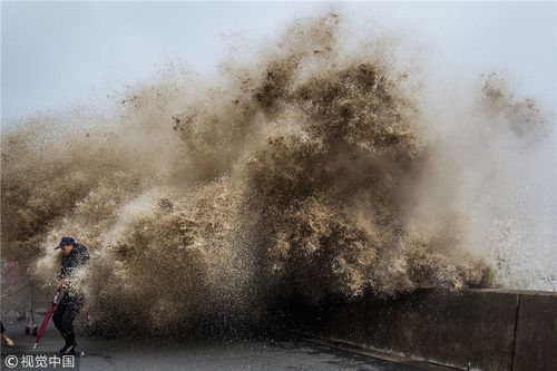 2013年9月21日,杭州,钱塘江下沙七格段,汹涌的潮水冲上堤坝,一名安保