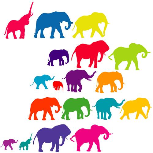 大象的一套彩色剪影