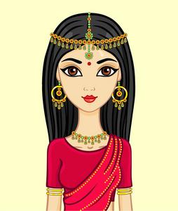 印度动画公主与传统服装和黄金珠宝照片