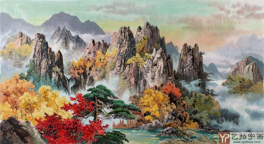【已售】朝鲜一级艺术家金花风景画《秋天的溪谷》