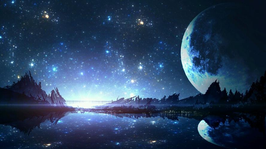 风景 背景 意境 壁纸 p站 夜晚 蓝色 蓝色系 冷色系 水 湖 圆月 星空