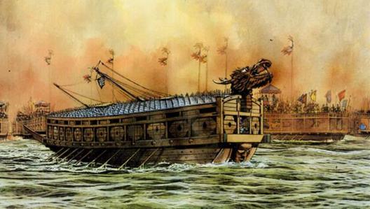 李舜臣改造"龟船"复原图 应该说,李舜臣的一系列海战胜利,既要归功于