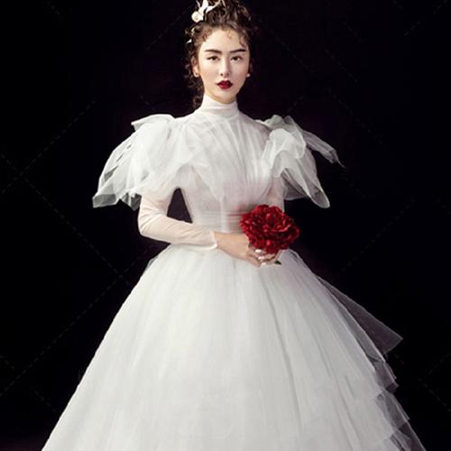 新款甜美白纱写真服摄影拍照影楼主题服装蓬蓬裙欧式带袖婚纱礼服