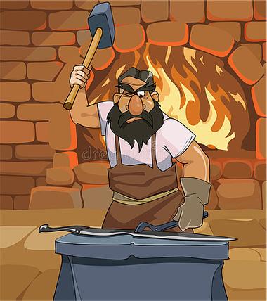 卡通男性铁匠在铁匠铺里锻造一把剑