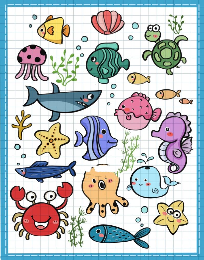 简笔画|各种海洋生物鱼类螃蟹动物手帐素材 零基础绘画|简笔画教程