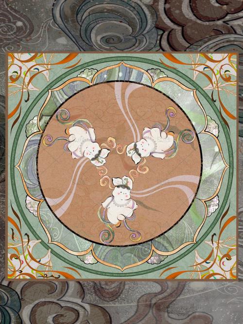 "三兔共耳"图出自敦煌飞天藻井图案的中心装饰纹样.