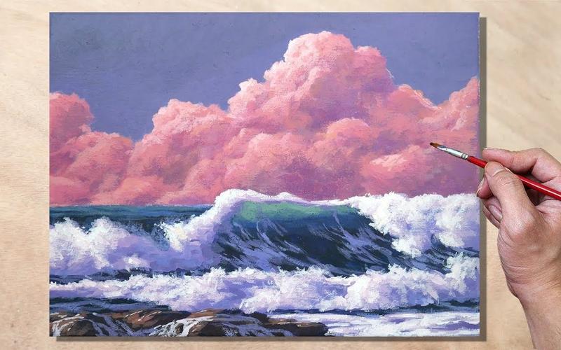 【丙烯画】【绘画教程】粉色的云和海浪- pink clouds and waves