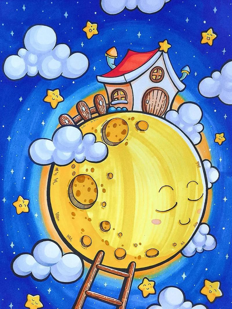 月亮主题创意儿童画满月星空小房子月球月食.#创作灵感 #小y - 抖音