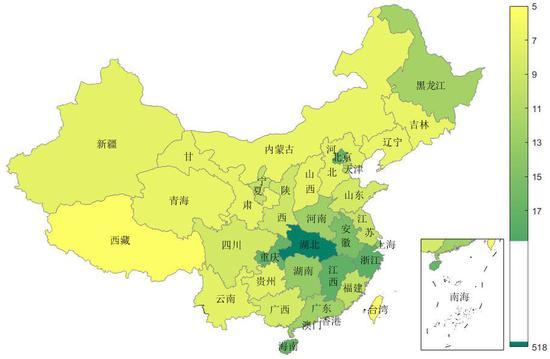图3 各省(直辖市,自治区)疫情地图(颜色深浅表示每百万人口平均未治愈