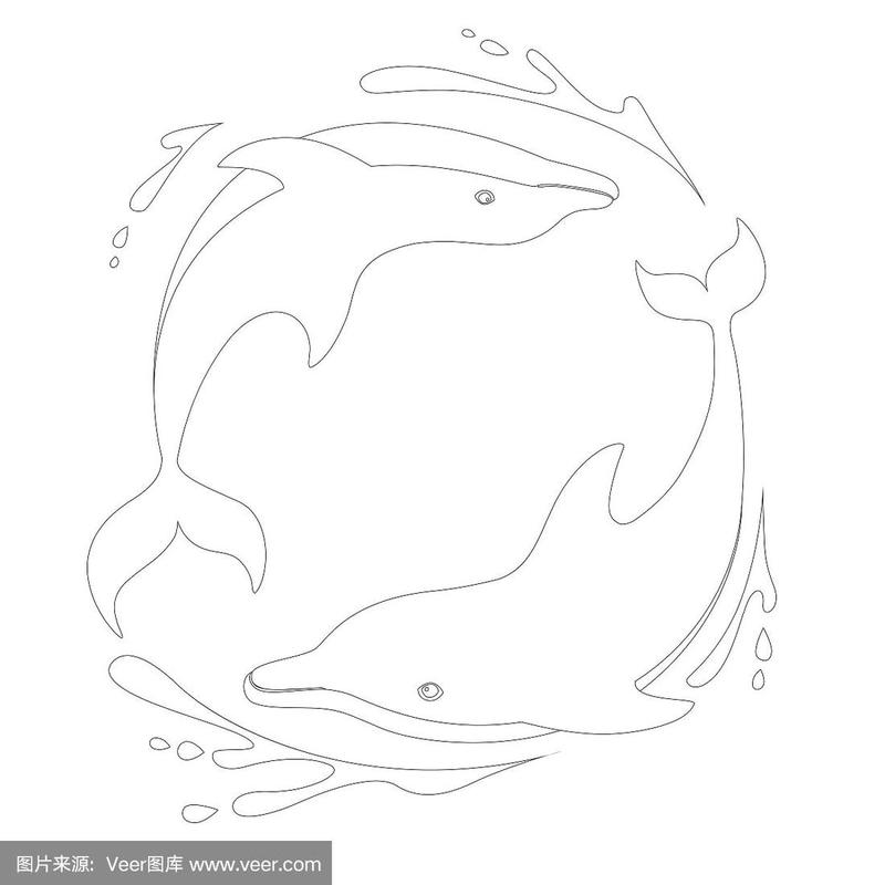 轮廓风格的两个海豚玩水标志概念设计卡通动物平面矢量插图上的白色