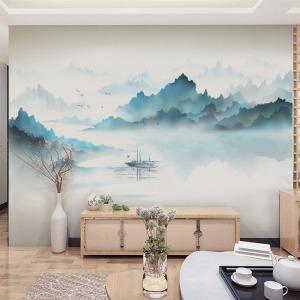 新中式电视背景墙壁画8d山水意境墙布现代5d立体定制家用装饰墙纸