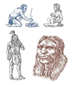 史前时期, 古代部落, 洞穴野蛮人的夫妻一对带着一个孩子.手绘素描.