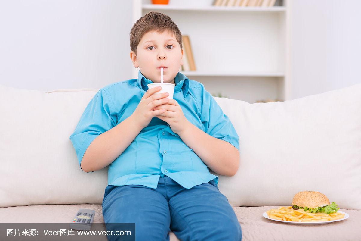 沙发上吃着垃圾食品的胖小孩