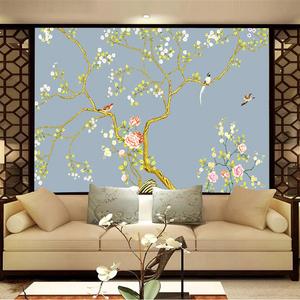 新中式手绘花鸟墙纸壁画图片