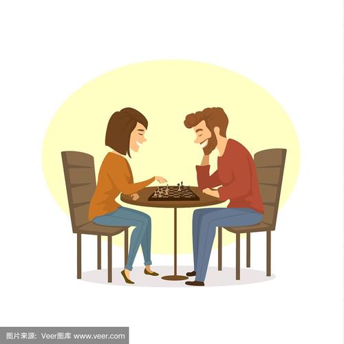 夫妇下棋在家卡通矢量插图