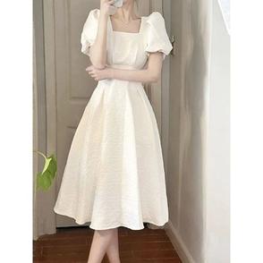 法式初恋白色大摆长裙夏季女装方领收腰显瘦气质连衣白裙