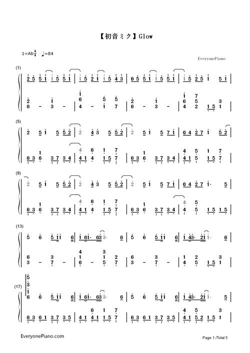 glow-初音ミク-钢琴谱文件(五线谱,双手简谱,数字谱,midi,pdf)免费