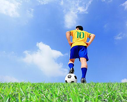 踢足球,巴西人,球员,男人,惊人,球,体育场,蓝天