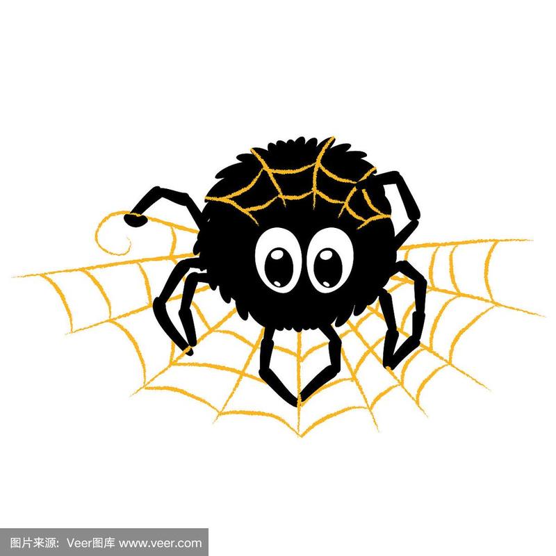 黑色滑稽的蜘蛛织着黄色的网.矢量插图.卡通人物.孩子打印.