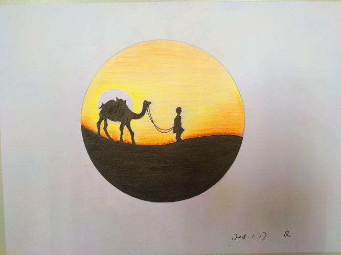 彩铅画18沙漠落日骆驼