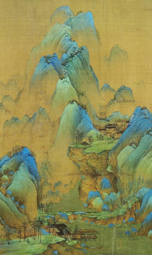 《千里江山图》在构图上疏密之中讲求变化,气势连贯,以披麻和斧劈皴