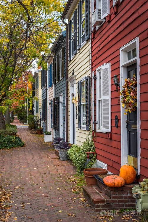 秋天颜色和排房子在老镇, 亚历山大, 弗吉尼亚