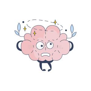 大脑感觉头晕的漫画人物,代表智力和智力活动的人类精神卡通平面矢量