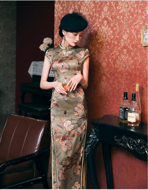 旗袍真丝桑蚕丝长款老上海复古旗袍盘扣双包边开叉连衣裙一件代发