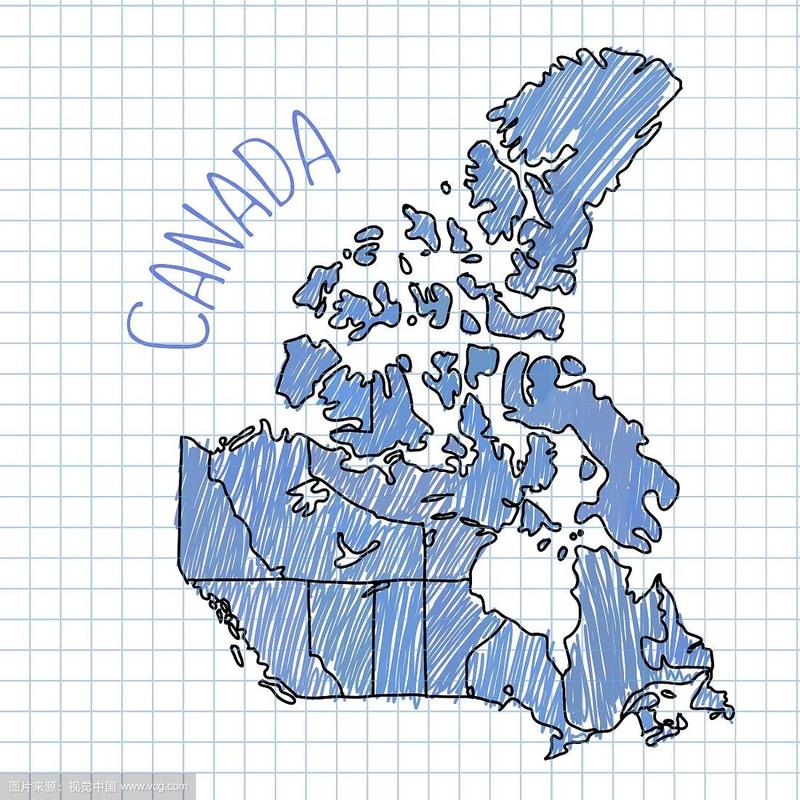 蓝笔手绘的加拿大地图在纸上