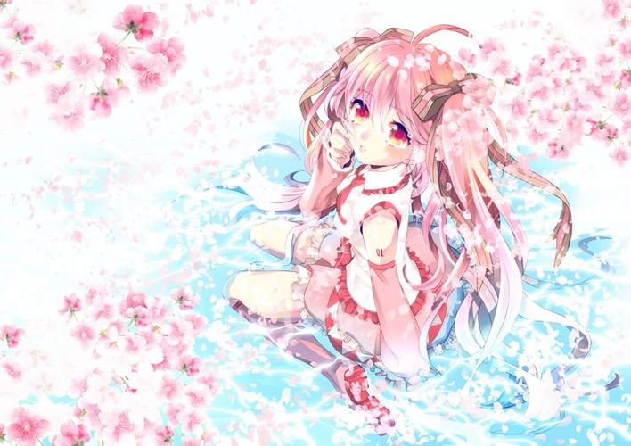 一位动漫女孩穿着校服,坐在水上,旁边飘着樱花的图片,在安卓壁纸上看