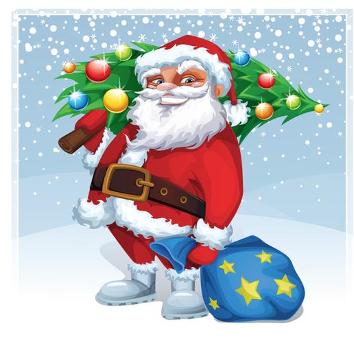 卡通圣诞树和圣诞老人矢量素材,素材格式:eps,素材关键词:礼包,雪花
