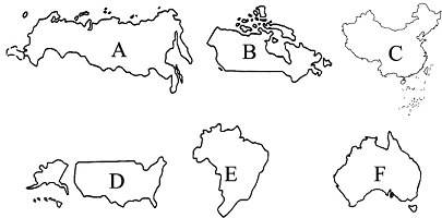 读"面积居世界前六位的国家轮廓图",完成下列问题.