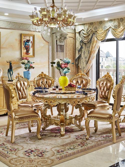 欧式大理石餐桌送转盘实木圆桌奢华贵族金色餐桌椅组合6/8人饭桌