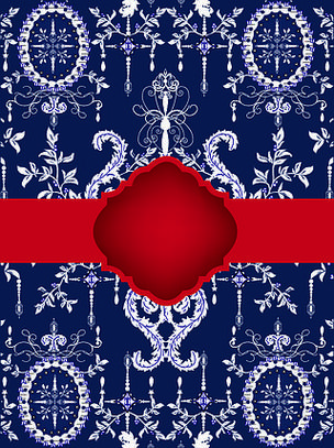 复古邀请卡与华丽优雅的抽象花卉设计,蓝底白字,红丝带.矢量图.