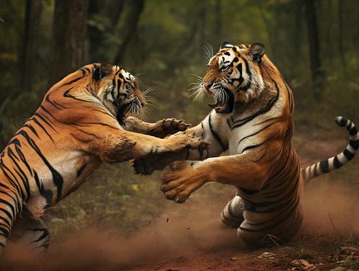 两只老虎打架野生动物猛兽大型猫科动物