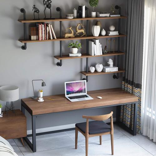 北欧书桌实木书架组合卧室双人电脑桌带铁艺水管办公桌家用置物架